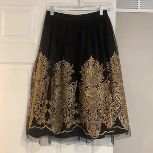 Black and Gold Embroidered Midi Circle Skirt